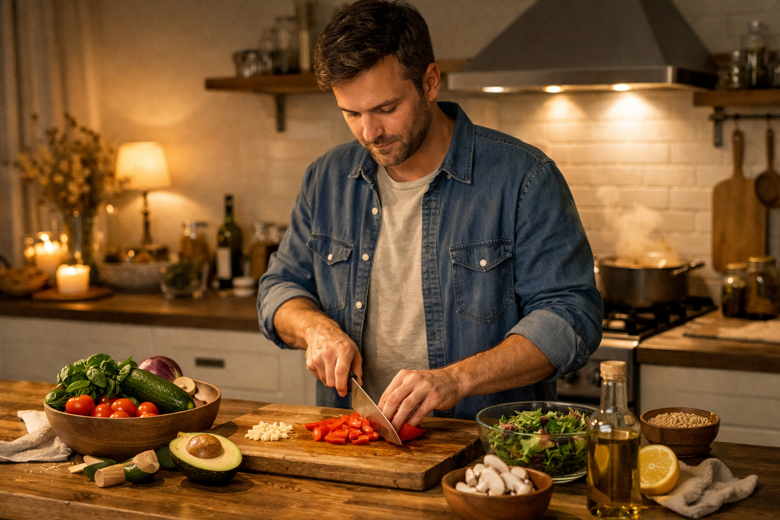 Чоловік готує вечерю, нарізаючи свіжі інгредієнти на кухні при теплому освітленні